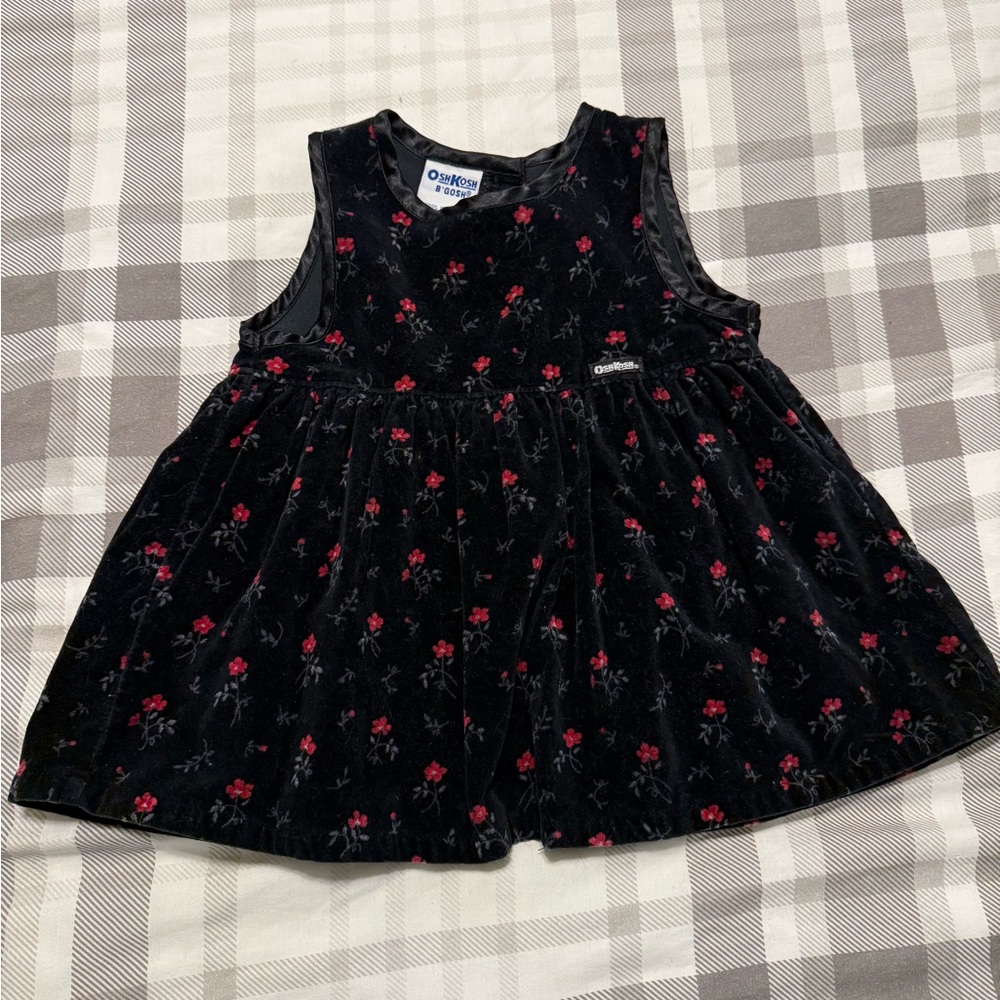 Vintage OshKosh B'gosh Black Velvet Dress with Red Floral Accents